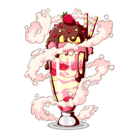 Ice cream in sundae glass dish cup with sliced strawberry, chocolate, dragee and wafer stick. Vector hand drawn illustration isolated on white background. Tasty vanilla strawberry sundae bowl のイラスト素材