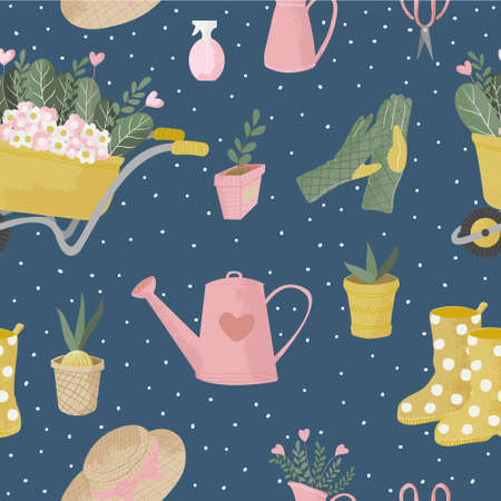 Vector seamless pattern with gardening tools. Hand drawn cute flat icon with texture or garden equipment and flowers on blue background. Repeated background for wrapping, textile or web.のイラスト素材