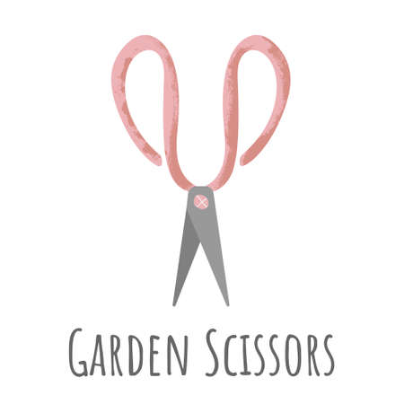 Hand drawn vector icon of garden scissors in flat caroons style with texture. Scissors for plants. Care of plants. Ð¡utting blade. Work in the garden. Isolated on white.のイラスト素材