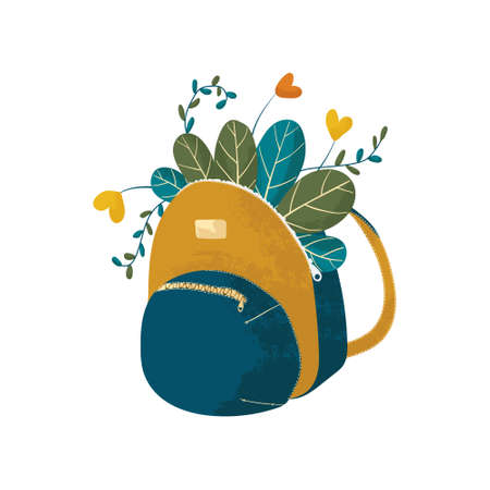 Colorful schoolbag with flower flat vector cartoon illustration. Backpack in flat style with texture isolated on white background. Back to school illustration. Cute kids backpack with plant and flower.のイラスト素材