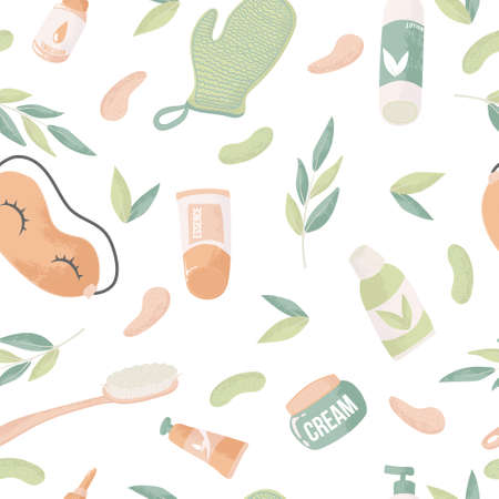 Skin care routine seamless pattern. Beauty spa face and body care repeated background. Cleansing, moisturizing, treating. Hand drawn vector seamless pattern. Cartoon style. Flat designのイラスト素材