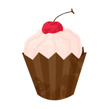 Single hand drawn cupcake or muffin with cherry and whipped cream. Vector cartoon illustration in...