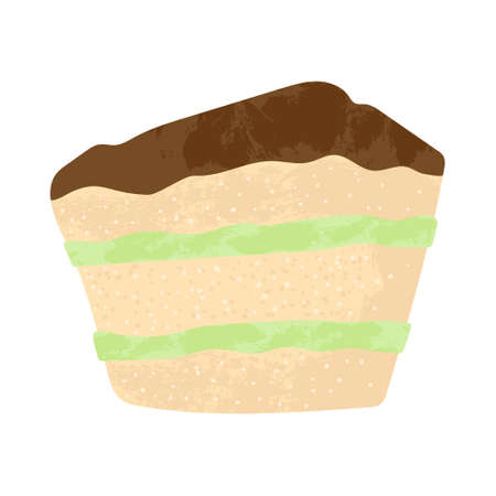 Piece of cake with chocolate cream and vanilla birthday tasty bake. Vector flat cartoons...