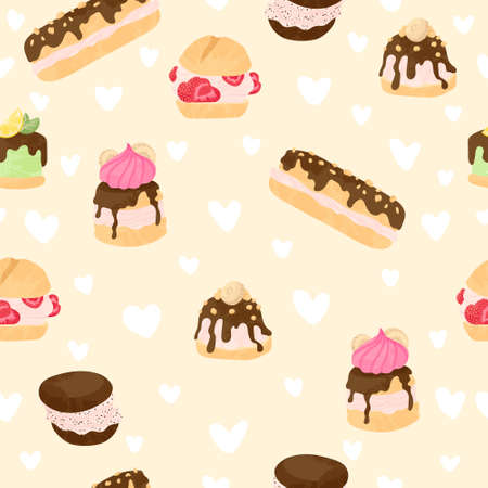 Various cake, eclair and profiterole vector seamless pattern in flat cartoons style. Cute colorful dessert with chocolate, berries and fruits on beige background and white hearts.のイラスト素材
