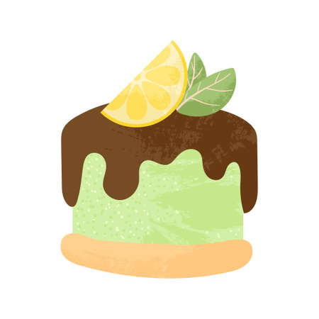 Tasty cake decorated with lemon slice and chocolate. Cheesecake with topping and lime isolated on white background. Cheese dessert. Flat vector illustration in cartoons style with texture.のイラスト素材