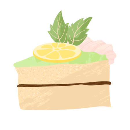 Piece of cake with whipped cream, chocolate and lemon birthday tasty bake. Vector flat cartoons illustration of tasty dessert. Sugar gourmet pastry cake slice sweet delicious.のイラスト素材