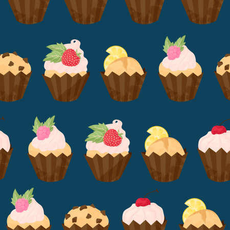 Various Cupcake and muffin vector seamless pattern in flat cartoons style. Happy birthday cupcake...