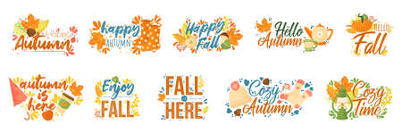 Fall typography set. Set of Fall quotes with autumns elements. Vector quotes isolated on white background. Vector set of hand drawn trendy lettering with colorful arts on theme of autumn.のイラスト素材