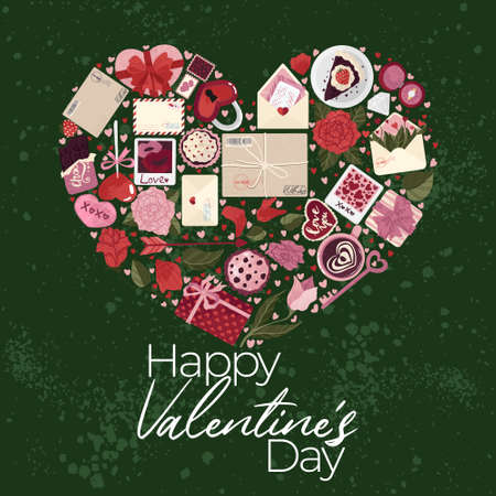 Cute posters with valentines day elements greetings, heart shape frame, vector illustration in flat cartoon style. Flyers, invitation, poster, brochure, banner.のイラスト素材