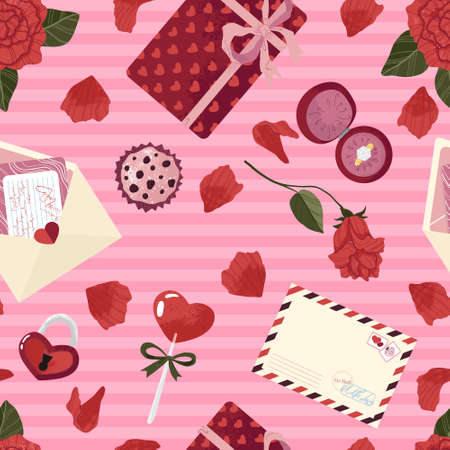 Valentine's Day background with various elements for celebration. Cute cartoons elements in flat style seamless vector pattern for greeting cards and invitations of the wedding, birthday, mother's dayのイラスト素材