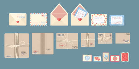 Parcels, envelope and postage stamps, Postal service icons pack collection. Top view, vector illustrations isolated on brown background. Flat cartoon style. Set of postal packs and letters.のイラスト素材