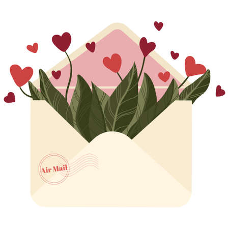 Valentines day concept. Love letter. Flowers with hearts in the envelope in flat cartoons style. Hand-drawn trendy letter with flowers inside.のイラスト素材