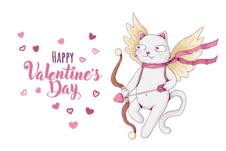 Cute white cat with cupid bow and wings. St. Valentine's day concept. Happy Valentine's Day text...