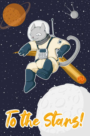 Cute white cat in space suit conquers the outer space. Text To the Stars. Card template. Colorful vector illustration with planets, stars and astronaut in cartoon style.のイラスト素材