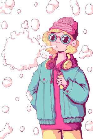 Teenager girl vaper stand and smoke vape mode. Vaping woman. Alternative to smoking. Quit smoking. Healthy lifestyle. Vector illustration in colorful cartoon style. Vertical illustration.のイラスト素材