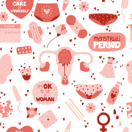 Female menstruation period. Print with female hygiene products underpants, pads, tampons, menstrual cup. Zero waste objects. Hand drawn vector seamless pattern in flat cartoon style.のイラスト素材