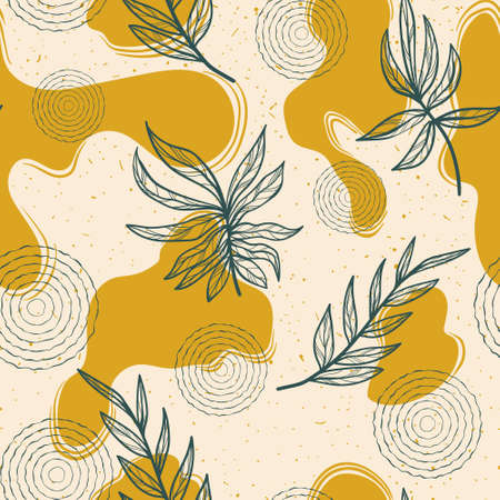 Modern abstract seamless pattern with hand drawn textures, spots and brush strokes. Hand drawn various shapes and doodle objects. Stylish repeted background.のイラスト素材