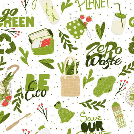 Eco friendly lifestyle. Seamless pattern with reusable and recyclable objects and eco friendly motivation quote. Layout design bestt for prints, banners, web, eco posters or textileのイラスト素材