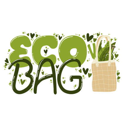 Eco bag hand written slogan. Compositions with lettering and illustration of zero waste lifestyle. Modern typography for choosing eco friendly lifestyle. Vector postcard, print design or cardのイラスト素材