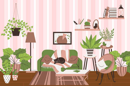 Cozy interior of living room in Scandinavian style. Horizontal banner. Concept stay at home. Vector background with place for text. Design of a cozy room with sofa, houseplant, lamp, cat and dÃ©cor.のイラスト素材