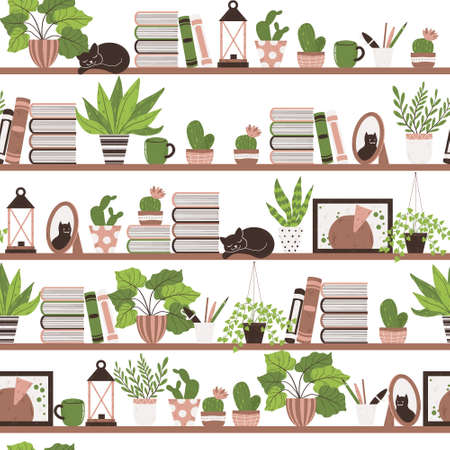 Colorful seamless pattern with houseplant in pot on a shelf. Vector endless background with cute plant and cactus in flowerpot. Hand drawn flower in pot backdrop.のイラスト素材