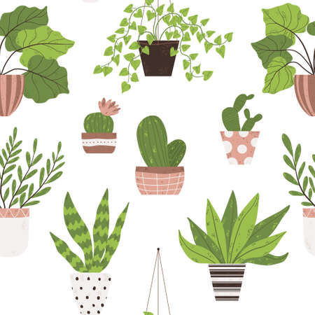 Colorful houseplant in pot seamless pattern. Vector endless background with cute plant and cactus in flowerpot. Hand drawn flower in pot backdrop.のイラスト素材