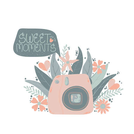 Cute instant photo camera with flowers and leaf with speech bubble with quote sweet moments in flat cartoon style. Vector hand drawn illustration of digital camera on white background with slogan.のイラスト素材