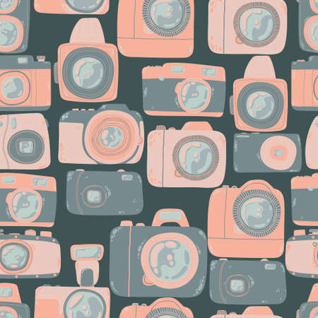 Cute seamless pattern with photo camera in cartoons style. Background with retro, dslr, instant and digital cameras in flat design. Vector endless background with cute hand drawn cameras.のイラスト素材