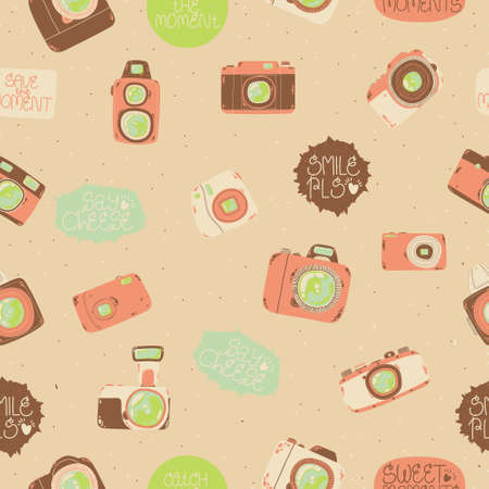 Cute seamless pattern with photo camera in cartoons style. Background with retro, dslr, instant and digital cameras in flat design. Vector endless background with cute hand drawn cameras.のイラスト素材
