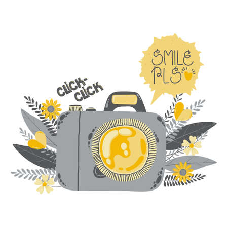 Cute dslr photo camera with flowers and leaf with speech bubble with quote smile pls in flat cartoon style. Vector hand drawn illustration of camera on white background with slogan.のイラスト素材