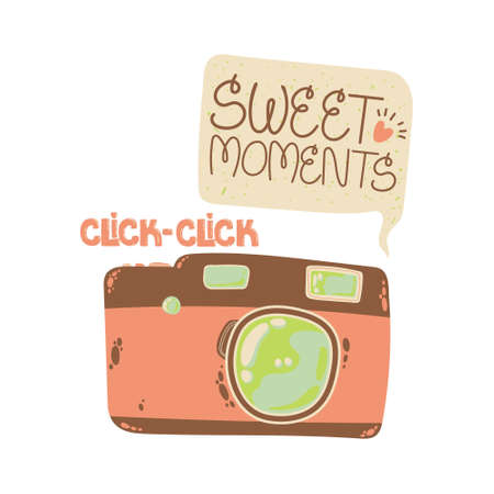 Cute digital photo camera with speech bubble with quote sweet moments in flat cartoon style. Vector hand drawn illustration of compact camera on white background with slogan. Print for your design.のイラスト素材