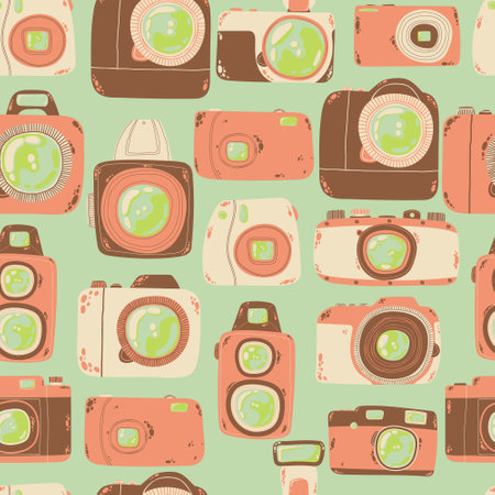 Cute seamless pattern with photo camera in cartoons style. Background with retro, dslr, instant and digital cameras in flat design. Vector endless background with cute hand drawn cameras.のイラスト素材