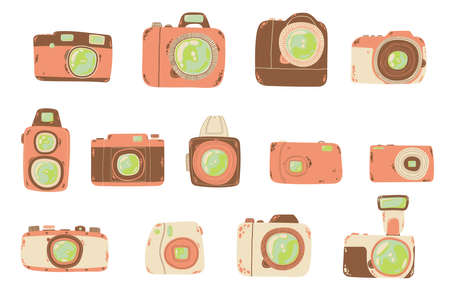 Vector collection of hand drawn photo cameras in cartoons flat design. Isolated on white background....