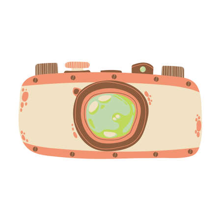 Cute retro photo camera icon in cartoon flat design. Old style camera with battery grip clip art in...