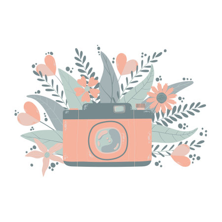 Cute colorful retro photo camera with fllowers in flat cartoon style. Vector hand drawn camera with floral illustration with pastels colors. Isolated on white background.のイラスト素材