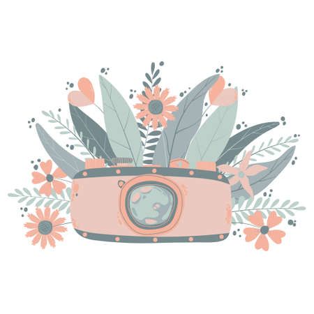 Cute colorful retro photo camera with fllowers in flat cartoon style. Vector hand drawn camera with floral illustration with pastels colors. Isolated on white background.のイラスト素材