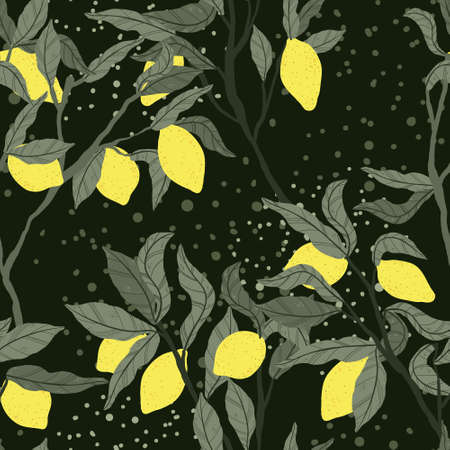Tropical Lemon seamless pattern in hand drawn cartoon style on dark background. Tree branch with citrus fruits and leaves background in flat design. Elegant summer vector pattern.のイラスト素材