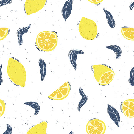 Tropical Lemon seamless pattern in hand drawn cartoon style. Citrus summer background in flat design. Cute bright summer vector pattern.のイラスト素材