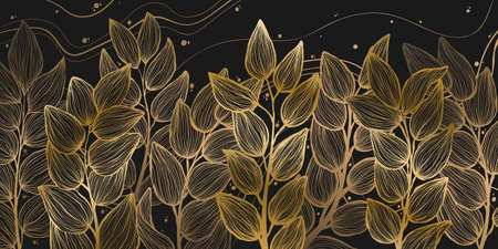Horizontal background with exotics golden leaves. Hand drawn luxury golden tropical leaf on dark background. Vector linear illustration of leaves.のイラスト素材