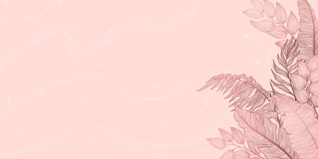 Horizontal background with various exotics golden leaves. Hand drawn luxury golden tropical leaf on light background. Vector linear illustration of leaves.のイラスト素材