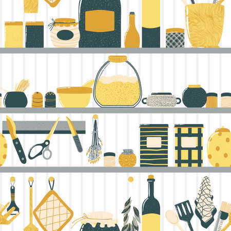 Seamless pattern with cooking utensils in cartoon flat design. Repeated hand drawn background with kitchenware in Scandinavian style.のイラスト素材