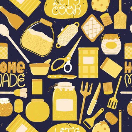 Seamless pattern with cooking utensils in cartoon flat design. Repeated hand drawn background with kitchenware in Scandinavian style.のイラスト素材