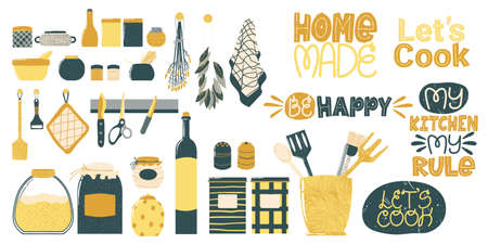 Kitchenware icons collection with cute quote. Cooking utensil hand drawn clip art set. Vector illustration in flat Scandinavian style. Isolated on white background.のイラスト素材