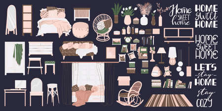 Vector set of bedroom with stylish cozy furniture and modern home decorations in trendy Scandinavian style with handwritten quote. Flat cartoon vector illustration set of home interior with slogan.のイラスト素材