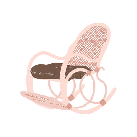 Clip art of cozy wicker rocking chair with pillow in scandinavian style. Vector clip art of retro wicker armchair in cartoon style. Cozy furniture for home. Isolated on white background.のイラスト素材