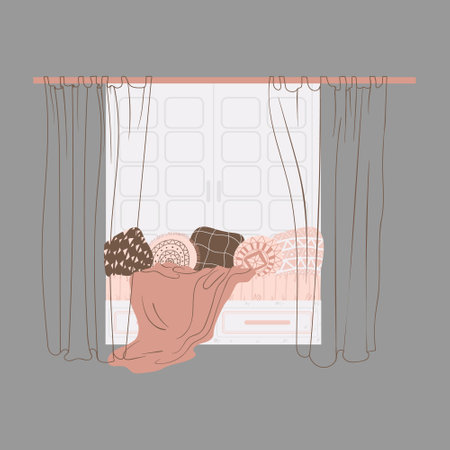 Furniture - sofa with decorative pillows in beige and white colors. Clip art in cartoon style. Single object isolated on gray background. Cozy couch furniture in scandinavian style. Front view.のイラスト素材