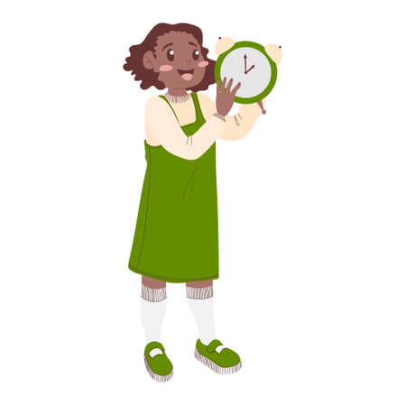 An African American schoolgirl in a green sundress holds an alarm clock in her hands. Concept Welcome back to school. Vector illustration in flat cartoon style. Isolated on white background.のイラスト素材