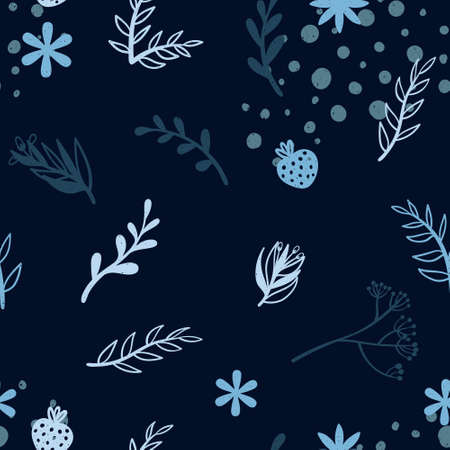 Decorative doodle flower silhouette and modern abstract shape seamless pattern. Cute colorful repeated background with hand drawn botanical elements in Scandinavian style.のイラスト素材