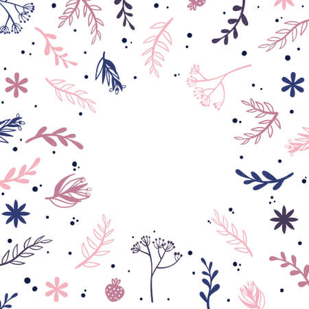 Square background with doodle flower and leaves silhouette with place for text. Colorful banner with copy space and hand drawn decorative plant in Scandinavian style.のイラスト素材