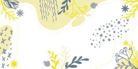 Horizontal background with doodle flower and leaves silhouette and abstract shapes and place for text. Banner with copy space and hand drawn decorative plant and trendy shapes in Scandinavian style.のイラスト素材